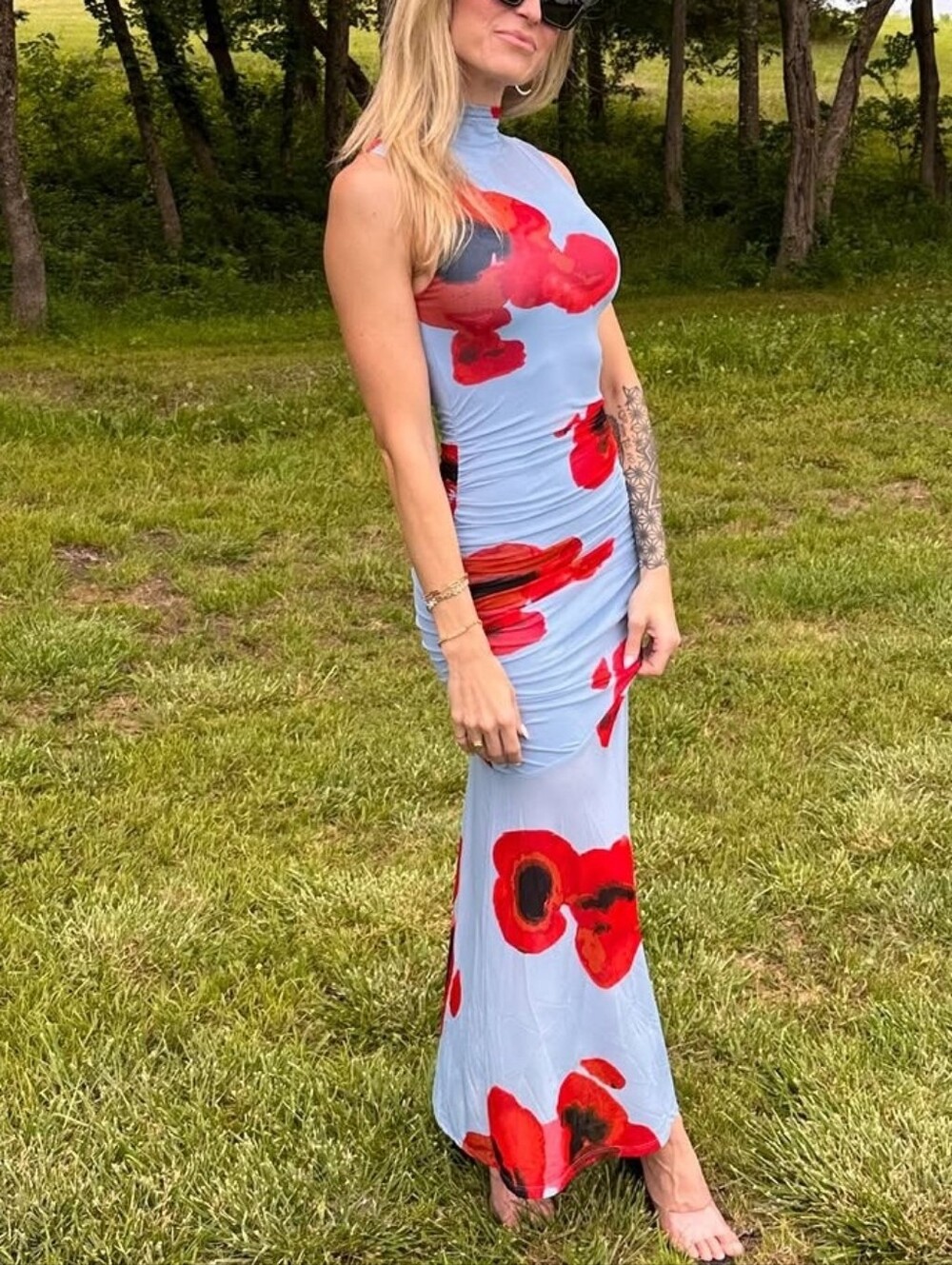 Sincerely Jules Light Blue Maxi Dress with Bold Red Floral Print